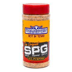 SuckleBusters Salt Pepper Garlic SPG rub bottle front; gluten-free and no MSG.