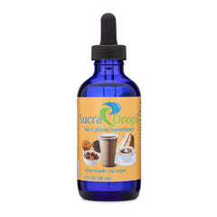 SucraDrops bottle with dropper pour for precise sweetness in beverages.
