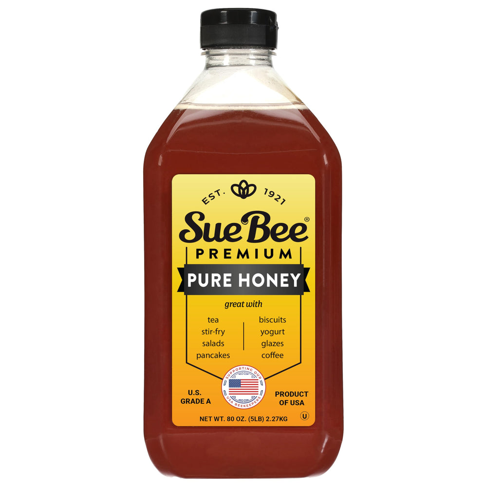 Sue Bee honey bottle pour shows easy drizzle for tea and toast.