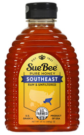 Sue Bee Local Southeast honey bottle pouring; ideal for tea or toast.