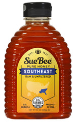 Sue Bee Local Southeast honey bottle pouring; ideal for tea or toast.