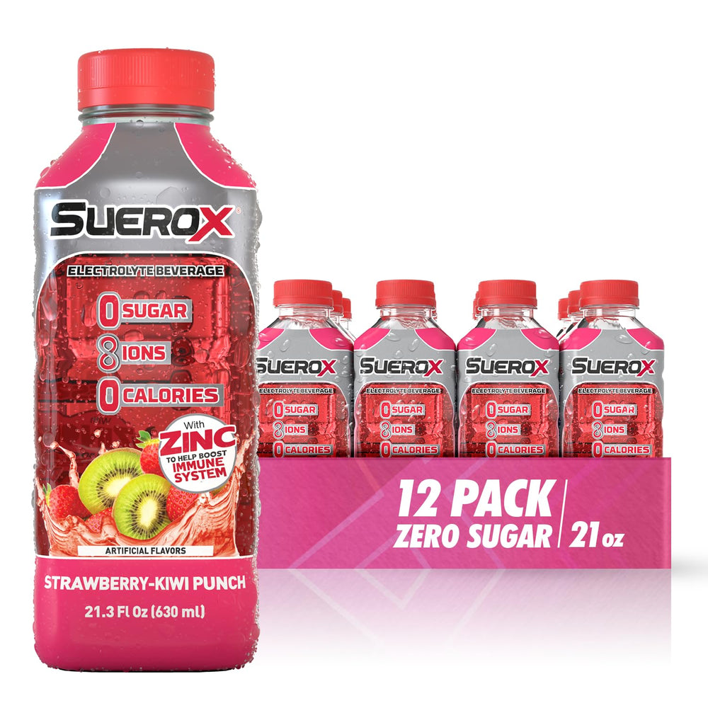 SueroX bottle pouring Strawberry-Kiwi to support quick hydration during workouts.