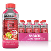 SueroX bottle pouring Strawberry-Kiwi to support quick hydration during workouts.