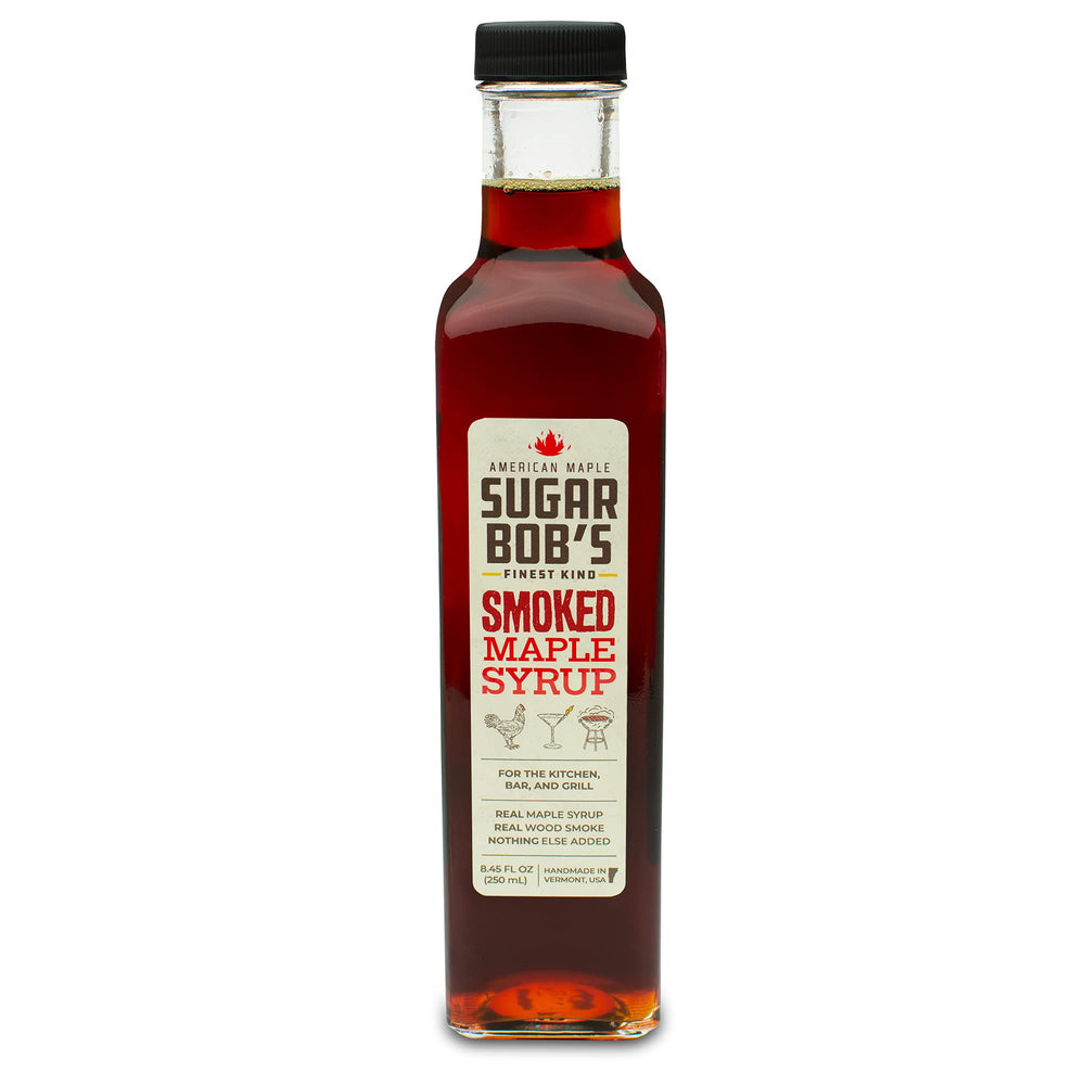 Sugar Bob's Finest Kind smoked maple syrup bottle adds rich maple smoke to dishes.