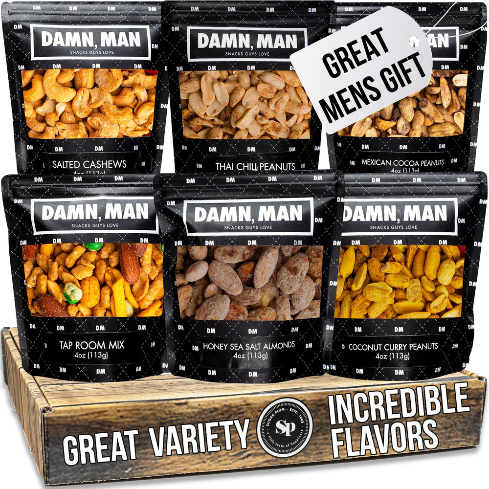 Sugar Plum gourmet nuts gift basket contents display six flavors for shareable snacking