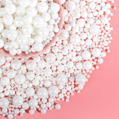 Sugarzy white pearl sprinkles jar front for elegant cake decoration.