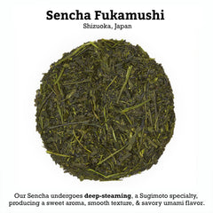 SUGIMOTO TEA Sencha Fukamushi loose leaf close-up highlighting aroma.