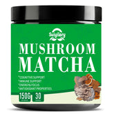 Suiyilary Mushroom Matcha powder in tin closeup for a gluten-free, low-sugar latte.