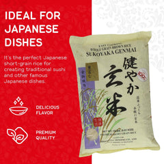 Sukoyaka Shirakiku Genmai rice used for authentic sushi rolls and bowls.