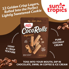 Sun Tropics CocoRolls Espresso being dipped into coffee or sauce for a quick treat.