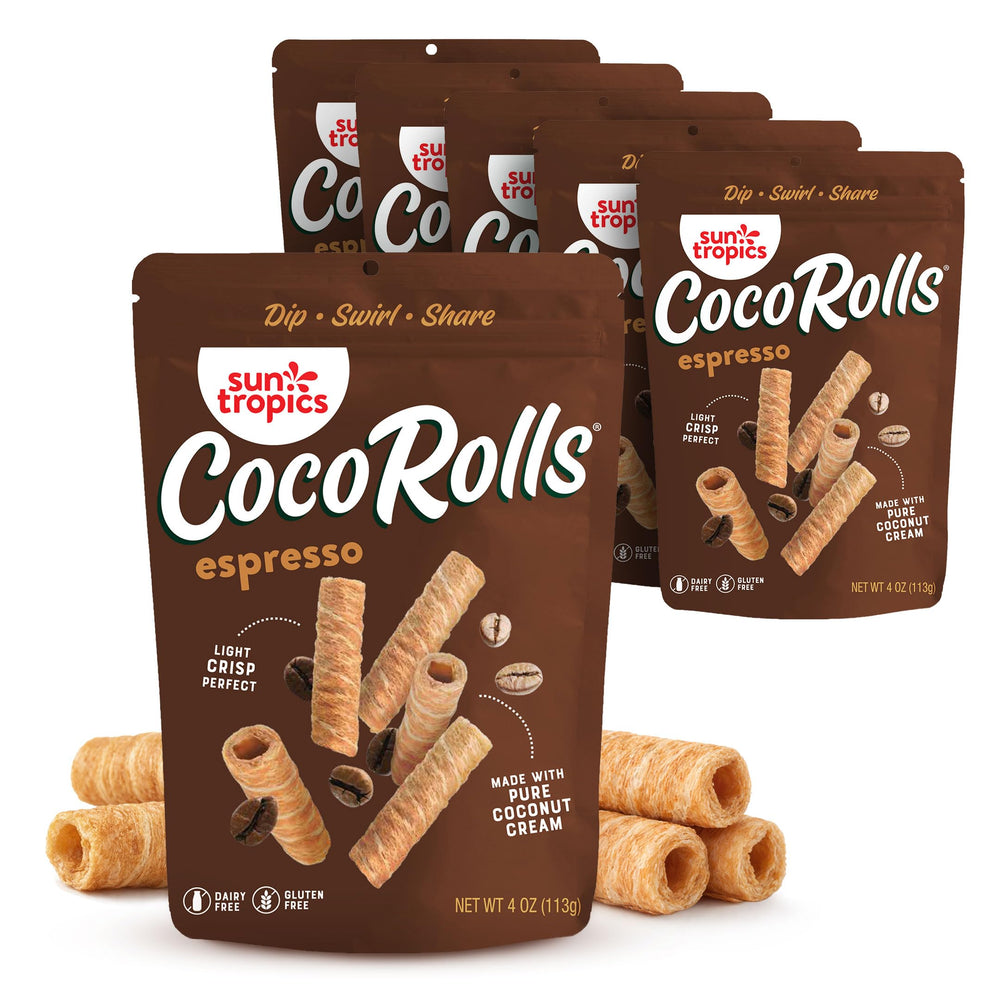 Sun Tropics CocoRolls Espresso packaging shows a gluten-free dairy-free snack ready to share.