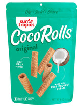 Sun Tropics CocoRolls Original bite close-up showing crispy coconut wafer perfect for dipping.
