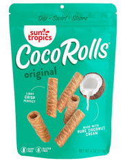 Sun Tropics CocoRolls Original bite close-up showing crispy coconut wafer perfect for dipping.