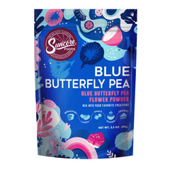 Suncore Foods Blue Butterfly Pea Powder packaging highlighting single-ingredient quality.