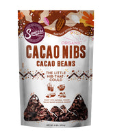 Suncore Foods Organic Cacao Nibs bag open showing nibs for topping yogurt or granola