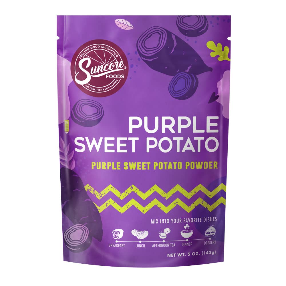 Suncore Foods purple sweet potato powder bottle adds vibrant color to recipes.