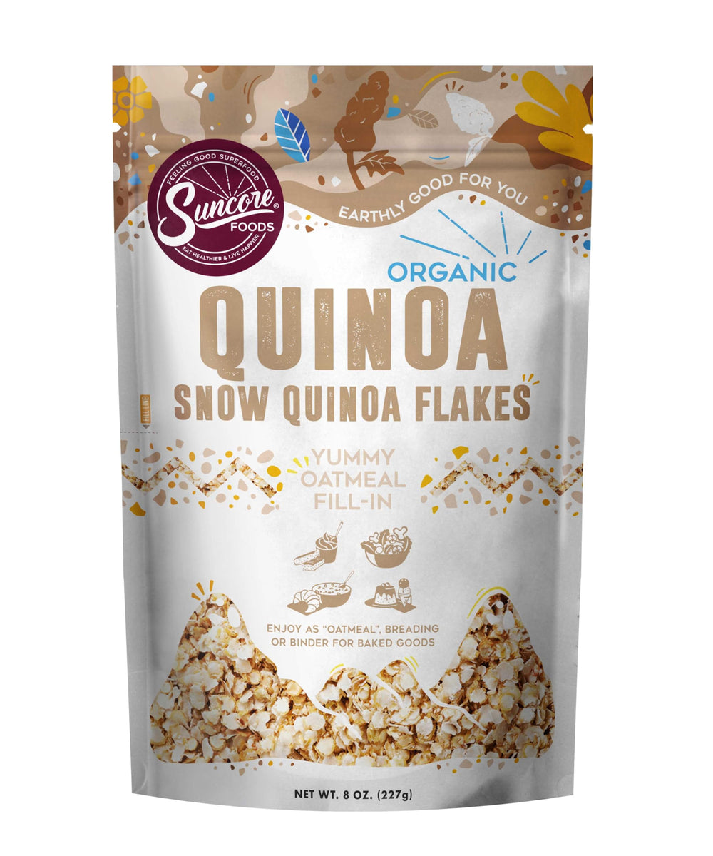 Suncore Foods Snow Quinoa Flakes packaging shown for pantry storage and quick meals