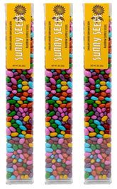 Sunflower Food Company chocolate coated rainbow seeds in a tube, a colorful crunchy snack.