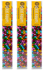 Sunflower Food Company chocolate coated rainbow seeds in a tube, a colorful crunchy snack.