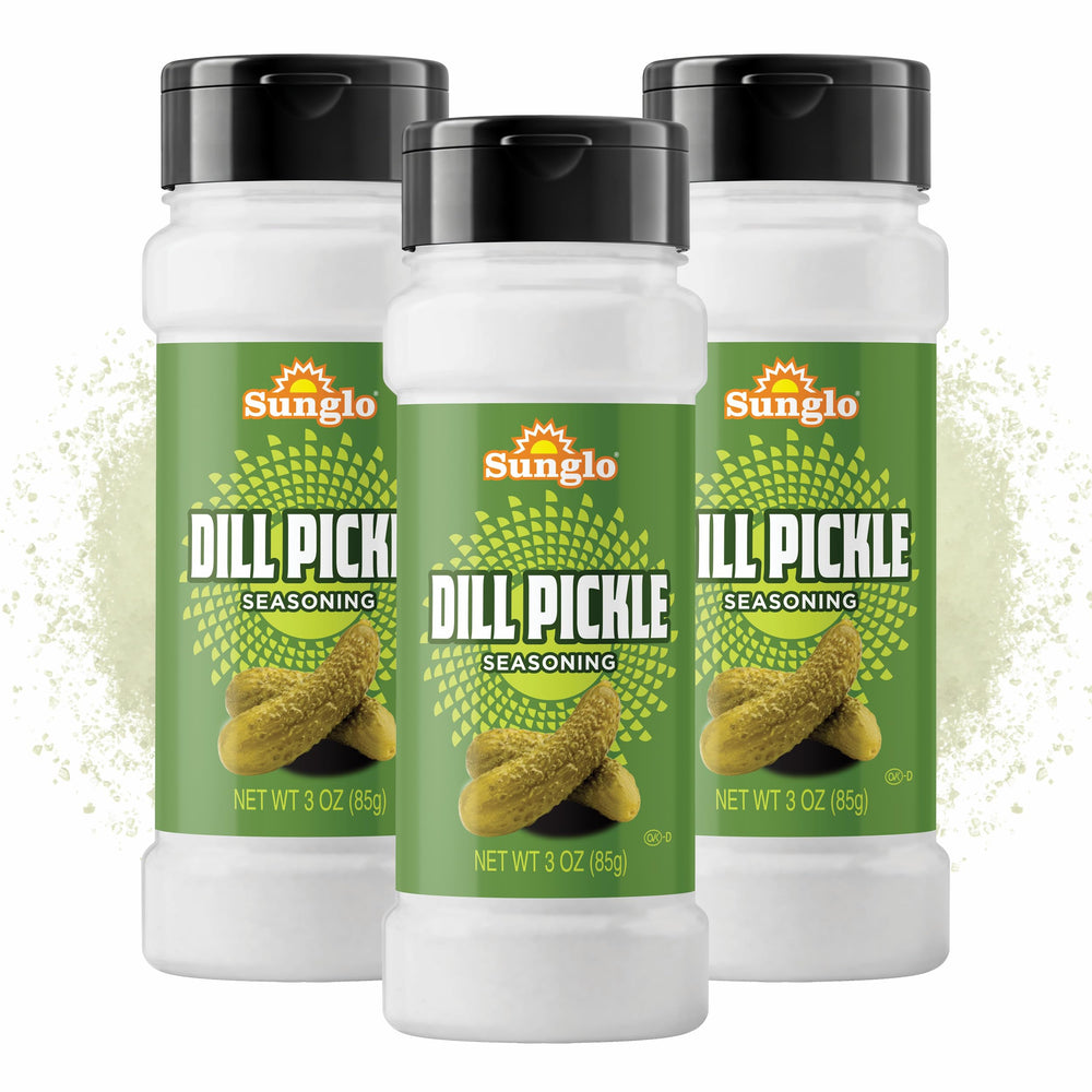 Sunglo dill pickle popcorn seasoning jar showcasing bold tangy flavor for popcorn