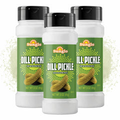 Sunglo dill pickle popcorn seasoning jar showcasing bold tangy flavor for popcorn