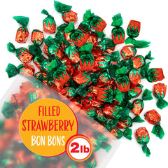 Close-up of glossy red Arcor Strawberry Bon Bons with strawberry filling.