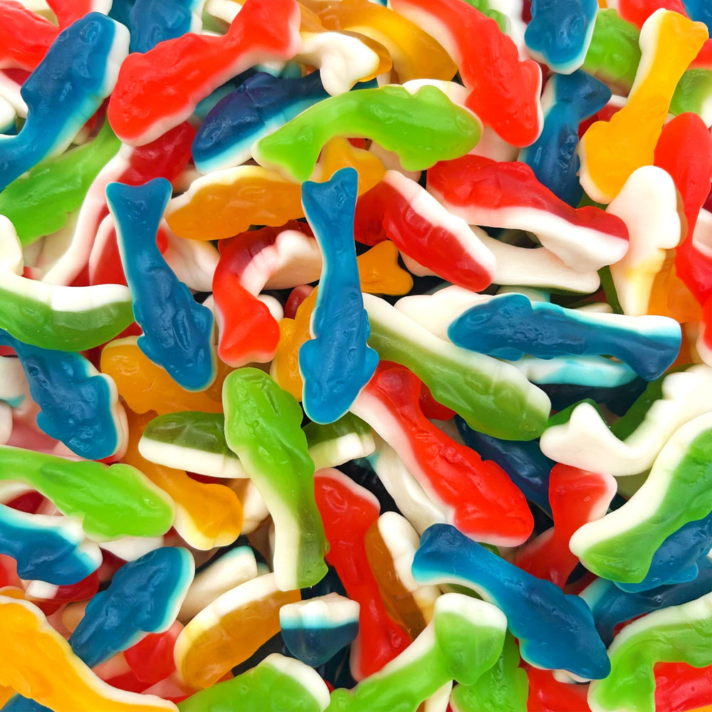 Sunny Island Gummy Sharks bag front view, ideal for colorful party snacks.