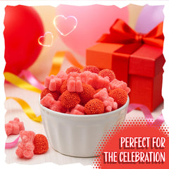 Sunny Island Strawberry Crunchy Berry Gummies closeup suggests crunchy and smooth texture contrast.