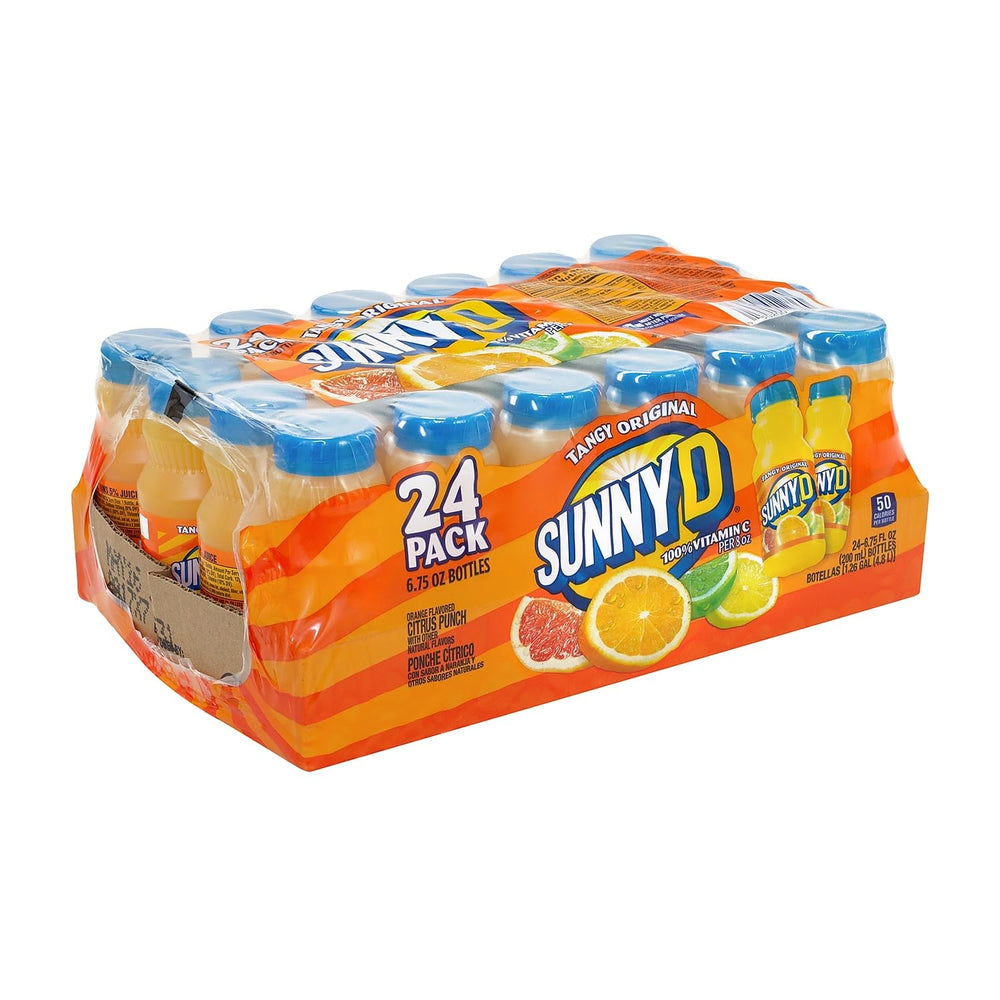 SunnyD tangy original orange bottle showcases bold citrus flavor for quick refreshment.