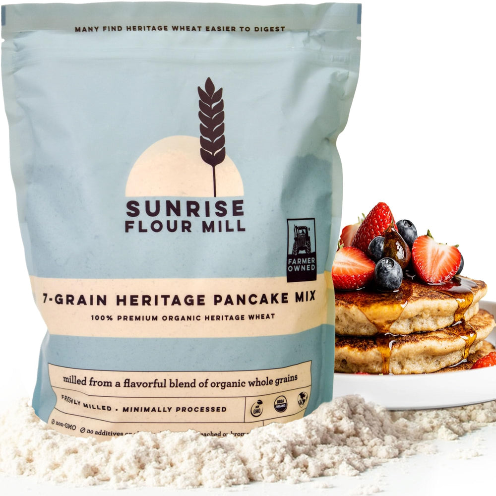 Sunrise Flour Mill 7-grain pancake mix bag showing organic ingredients for light, fluffy pancakes.