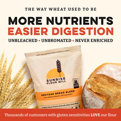 Sunrise Flour Mill Heritage Organic Bread Flour Blend bag on kitchen counter ready for baking