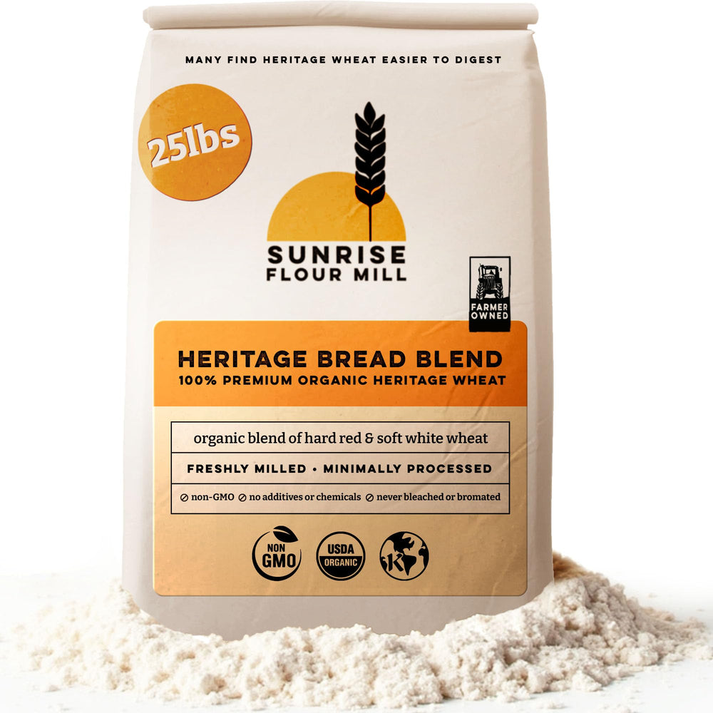 Sunrise Flour Mill Heritage Organic Bread Flour bag shows high-protein blend for airy loaves