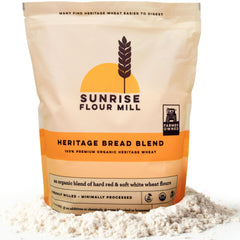 Sunrise Flour Mill Heritage Organic Bread Flour Blend packaging showing a 2 lb bag for bakers