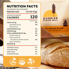 Sunrise Flour Mill Heritage Organic Bread Flour Blend closeup on bag label highlighting unbleached heritage wheat