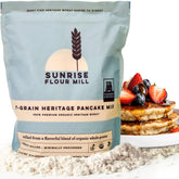 Sunrise Flour Mill packaging for seven-grain heritage pancake mix, wholesome organic blend.