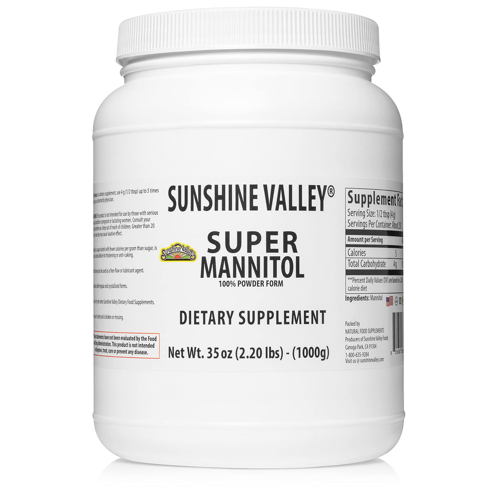 Sunshine Valley Mannitol Powder packaging highlights a sugar-free vegan sweetener.