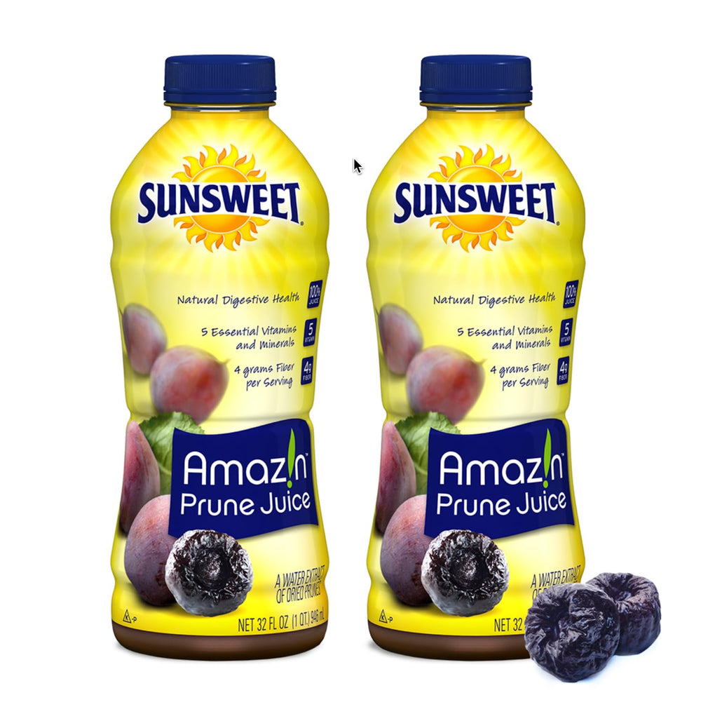 Sunsweet Amazin Prune Juice unsweetened 2-pack bottles highlighting natural fiber for daily digestive wellness