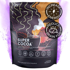 Super Cocoa coffee alternative bottle on shelf highlighting packaging for easy dosing.