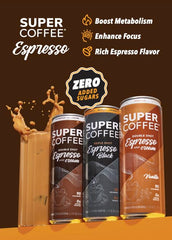 Super Coffee Espresso close-up shot emphasizes bold espresso and 180mg caffeine.