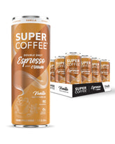 SUPER COFFEE Espresso Vanilla can front view showing bold flavor and portability