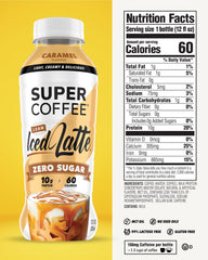 SUPER COFFEE iced coffee bottle with caramel flavor and protein lift
