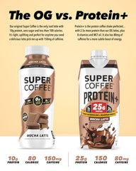 SUPER COFFEE+ Keto Mocha bottle pouring into glass with creamy finish.