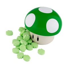 Green Luigi mushroom tin with sour candies for snacking.