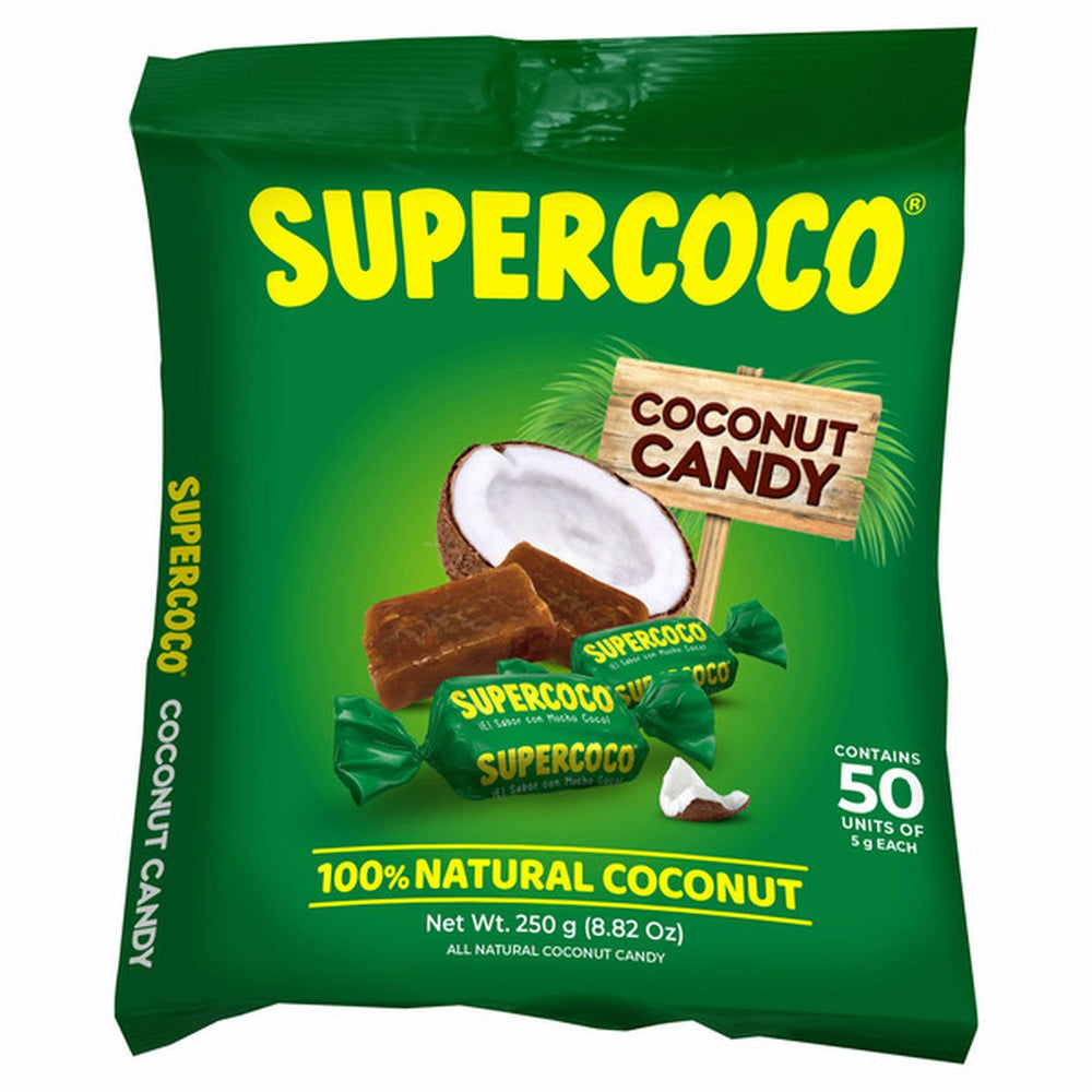 Supercoco Turron 50-count bag show shareable packaging and coconut flavor
