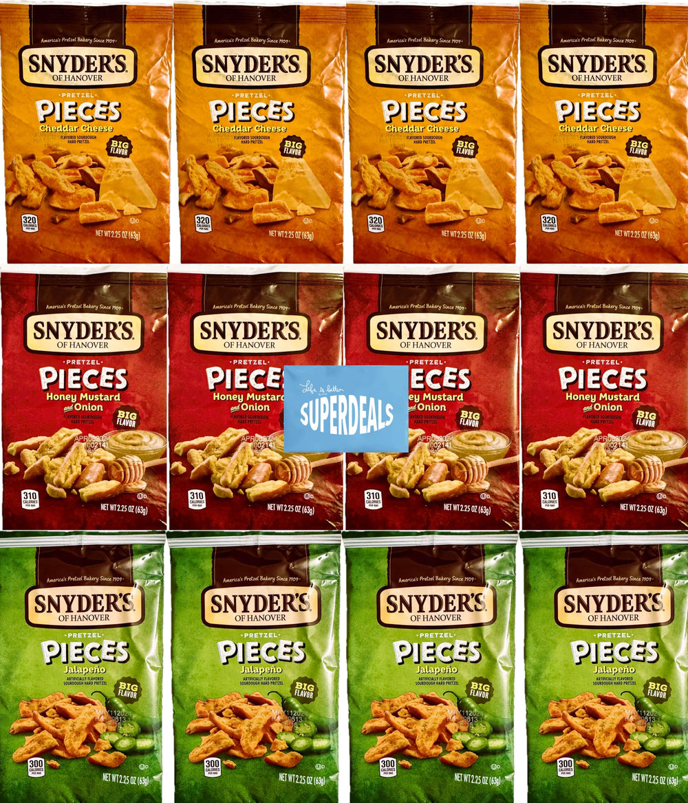 SUPERDEALS Snyder's of Hanover cheddar pretzel pieces bag highlights bold cheddar flavor for a satisfying crunch.