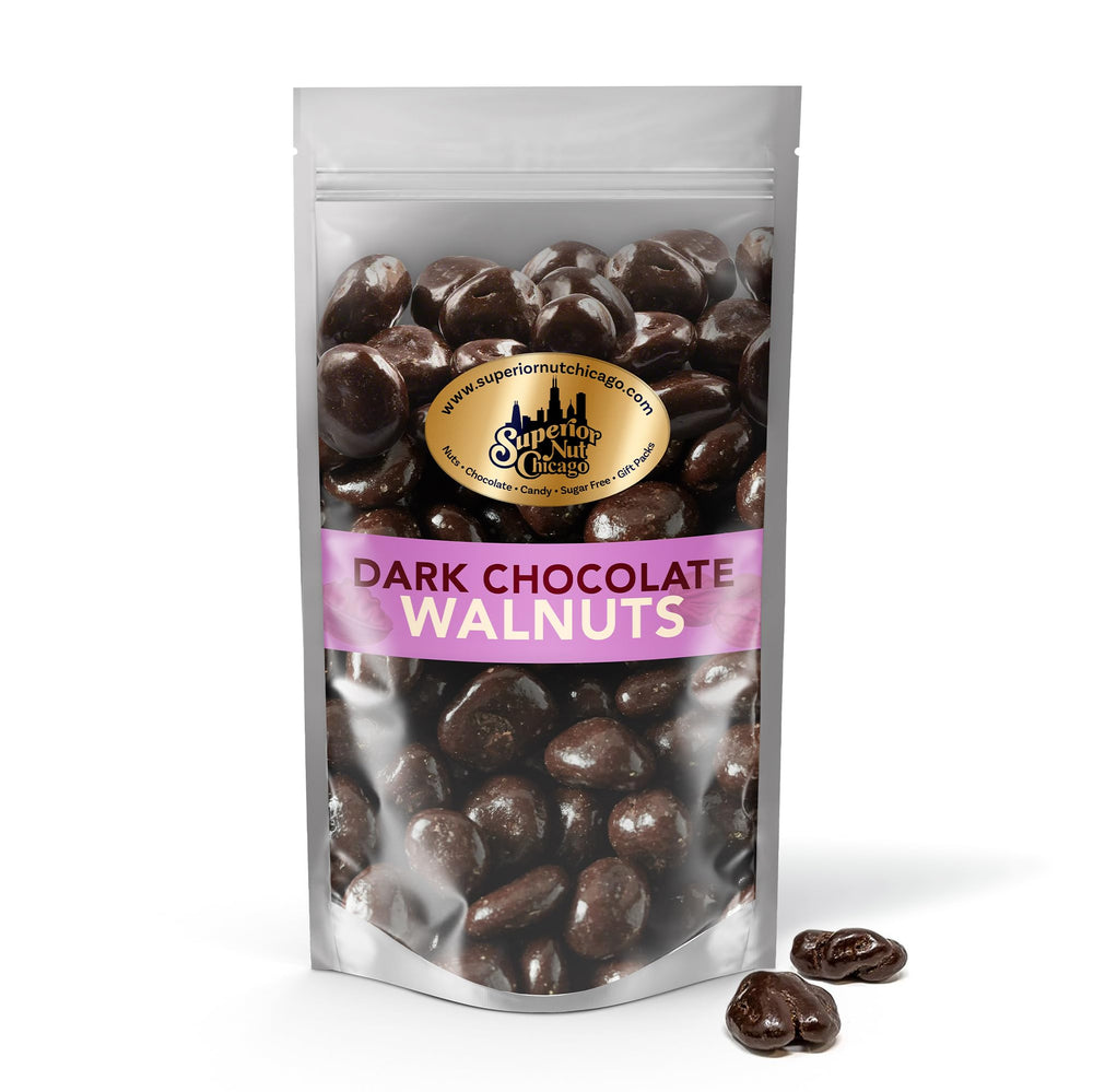 Superior Nut Chicago dark chocolate walnuts close-up, glossy coating and crunchy texture for a tasty snack.