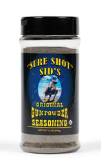 Sure Shot Sid’s Original Gunpowder Seasoning bottle front view for smoky flavor enhancement