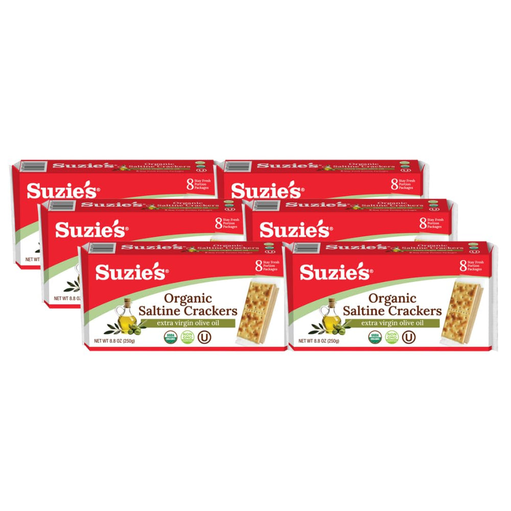 Suzie's Organic Saltines crackers in a stay-fresh pack for on-the-go snacking