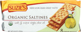 Suzie’s Organic Saltines three-pack on box for convenient snacking