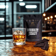 Swag Brewery whiskey jerky slices arranged for gift-ready gourmet appeal to bourbon lovers.